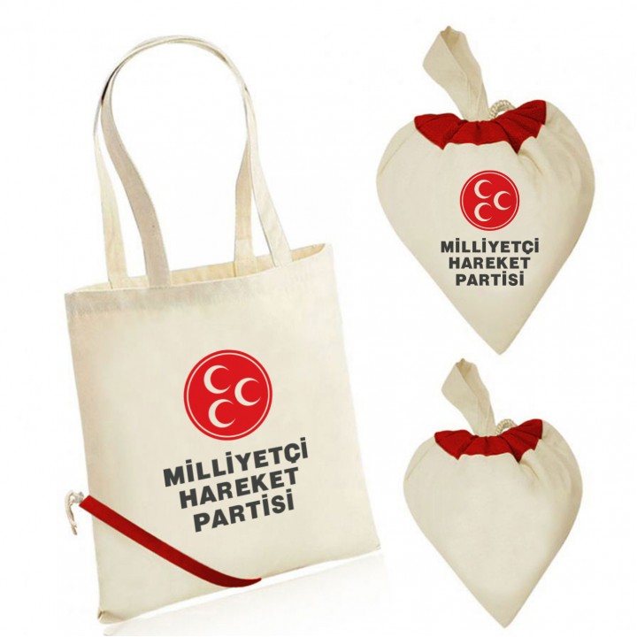 MHP Üç Hilal Baskılı Katlanabilir Kalp Büzgülü Ham Bez Çanta